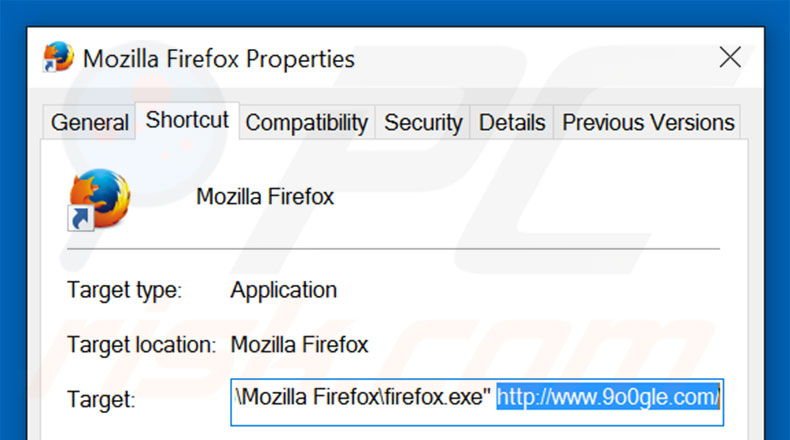 Eliminar 9o0gle.com del destino del acceso directo de Mozilla Firefox paso 2