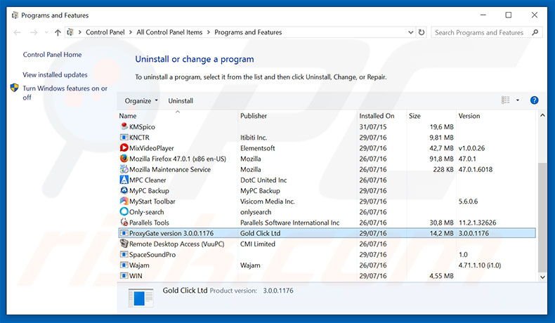 desinstalar el adware ProxyGate del Panel de control