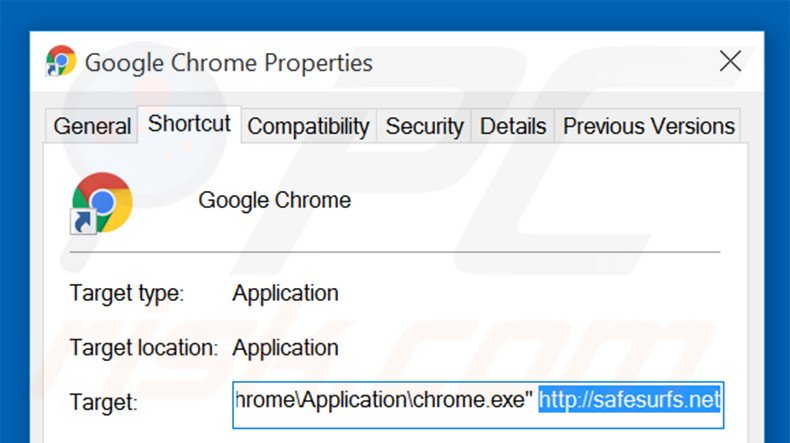 Eliminar safesurfs.net del destino del acceso directo de Google Chrome paso 2