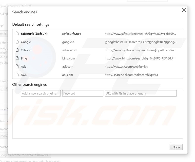 Eliminando safesurfs.net del motor de búsqueda por defecto de Google Chrome