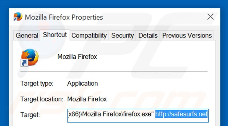 Eliminar safesurfs.net del destino del acceso directo de Mozilla Firefox paso 2