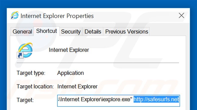 Eliminar safesurfs.net del destino del acceso directo de Internet Explorer paso 2