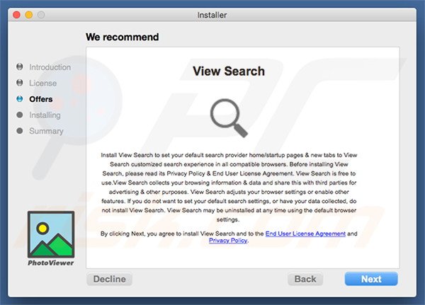 Instalador engañoso usado para promocionar search.viewsearch.net