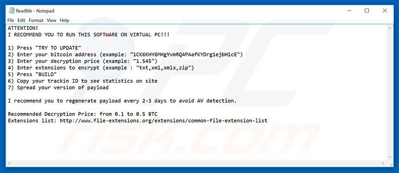instrucciones del configurador del ransomware Atom