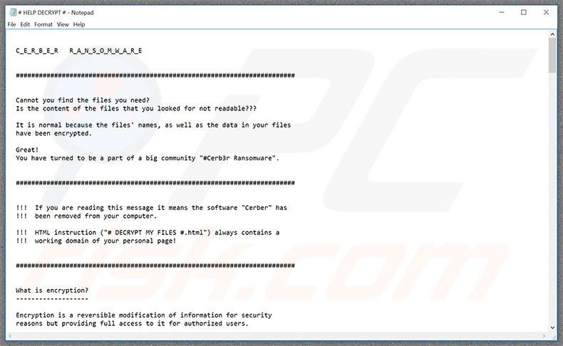 archivo de texto el virus encriptador Cerber3