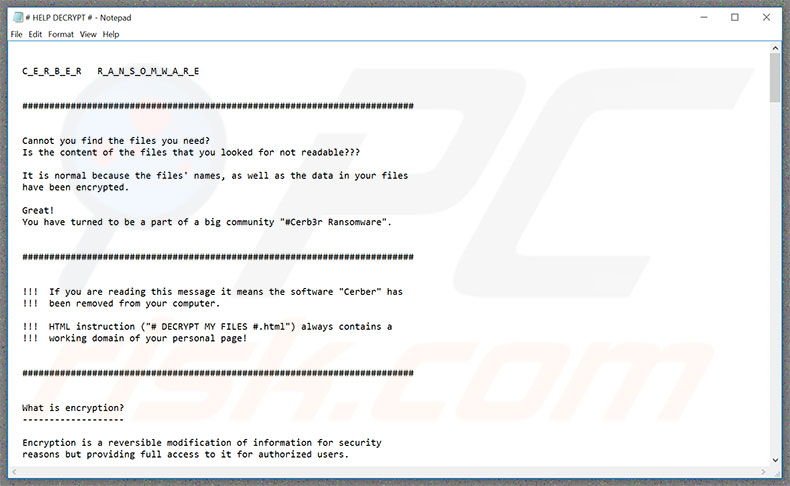 archivo de texto el virus encriptador Cerber3