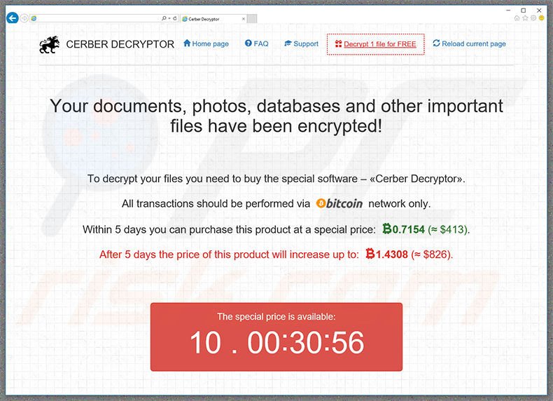 Sitio web del virus criptográfico Cerber3
