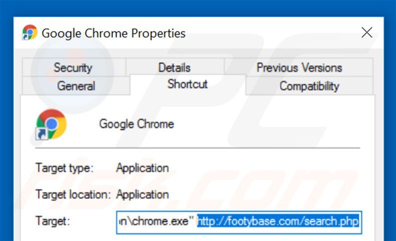 Eliminar footybase.com del destino del acceso directo de Google Chrome paso 2
