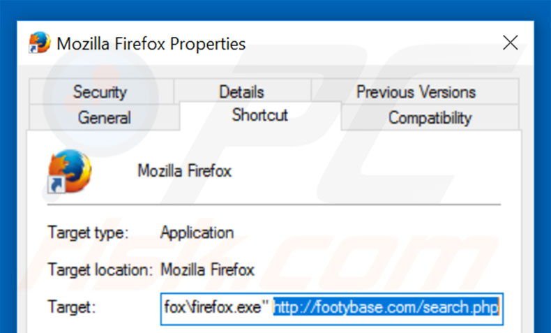 Eliminar footybase.com del destino del acceso directo de Mozilla Firefox paso 2