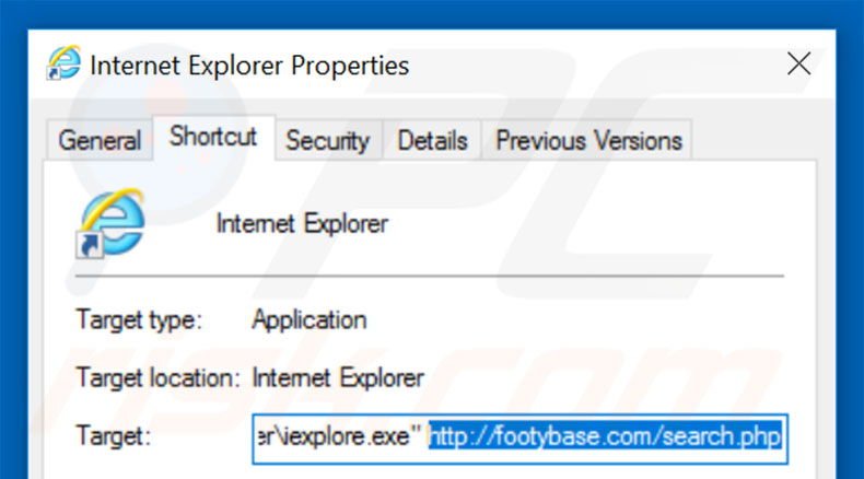 Eliminar footybase.com del destino del acceso directo de Internet Explorer paso 2