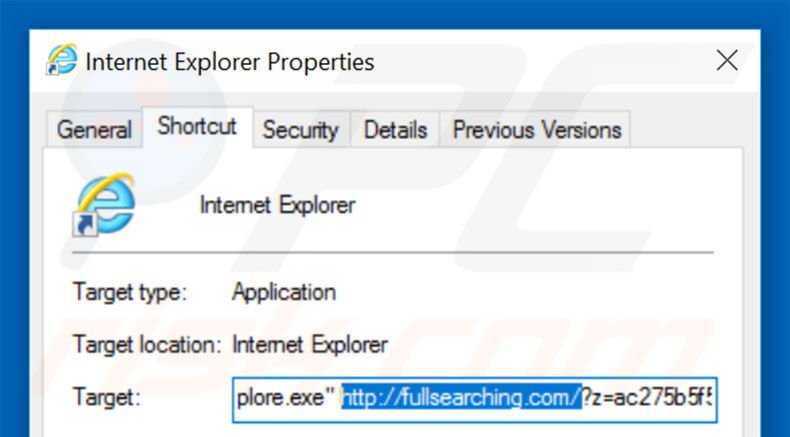 Eliminar fullsearching.com del destino de los accesos directos paso 2