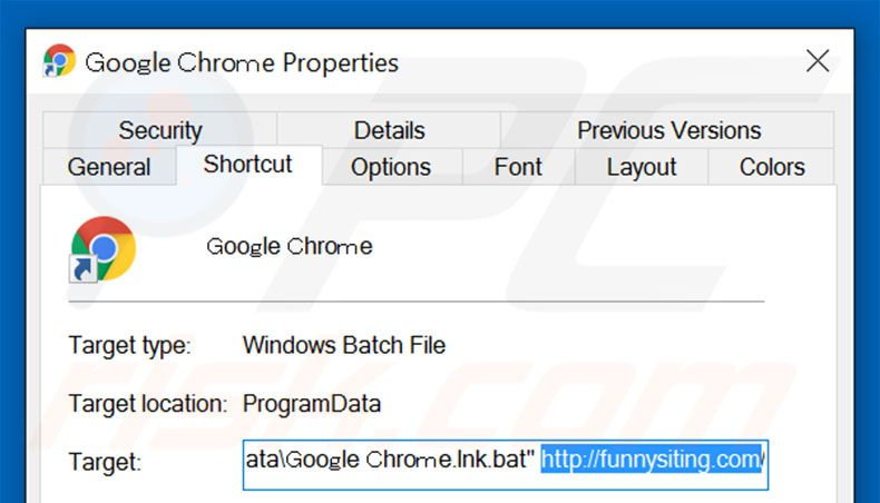 Eliminar funnysiting.com del destino del acceso directo de Google Chrome paso 2