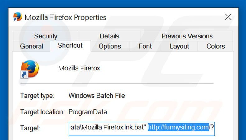 Eliminar funnysiting.com del destino del acceso directo de Mozilla Firefox paso 2