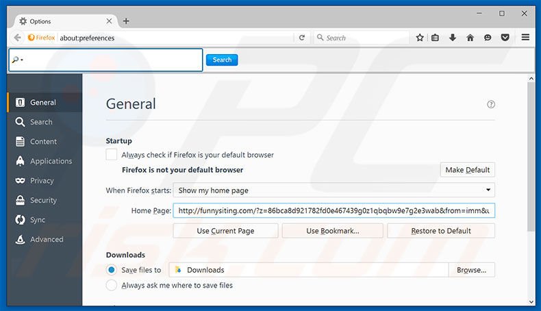 Eliminando funnysiting.com de la página de inicio de Mozilla Firefox
