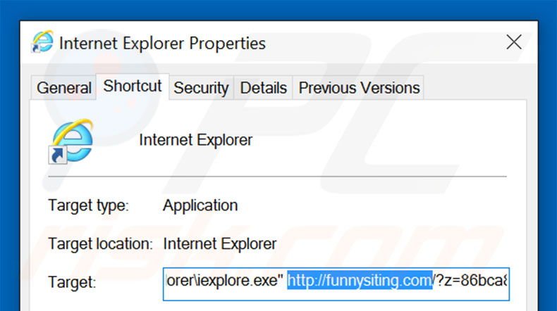 Eliminar funnysiting.com del destino del acceso directo de Internet Explorer paso 2