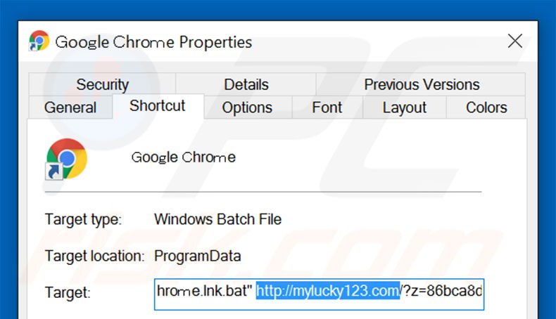 Eliminar mylucky123.com del destino del acceso directo de Google Chrome paso 2