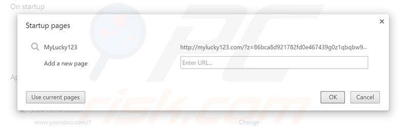 Eliminando mylucky123.com de la página de inicio de Google Chrome