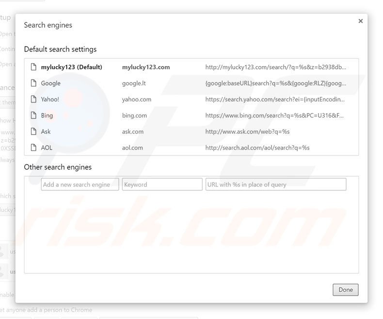 Eliminado mylucky123.com del motor de búsqueda predeterminado en Google Chrome