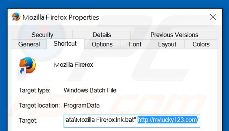Eliminar mylucky123.com del destino del acceso directo de Mozilla Firefox paso 2