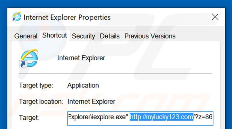 Eliminar mylucky123.com del destino del acceso directo de Internet Explorer paso 2