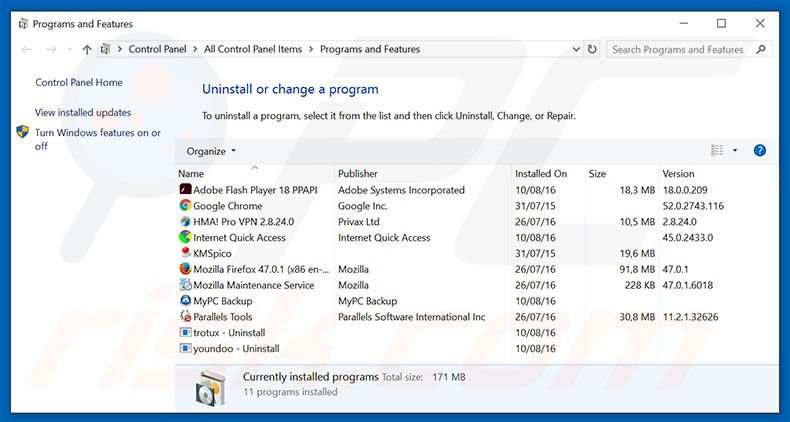 desinstalar el secuestrador de navegadores mylucky123.com con el Panel de control