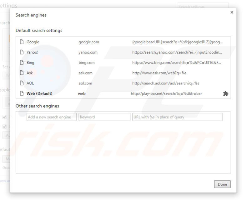 Eliminando play-bar.net del motor de búsqueda por defecto de Google Chrome