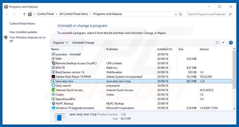 desinstalar el adware save serp now del Panel de control
