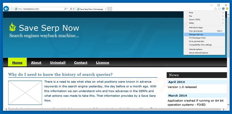 Eliminando el software publicitario save serp now de Internet Explorer paso 1