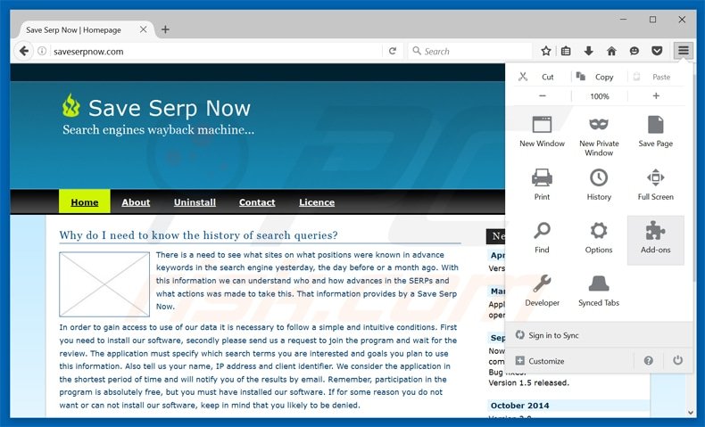 Eliminando el software publicitario save serp now de Mozilla Firefox paso 1