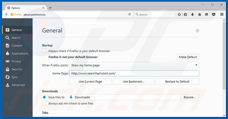 Eliminando searchtechstart.com de la página de inicio de Mozilla Firefox