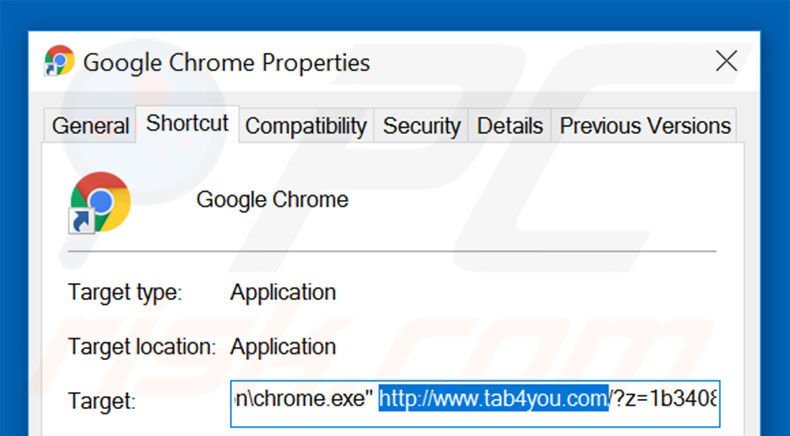 Eliminar tab4you.com del destino del acceso directo de Google Chrome paso 2
