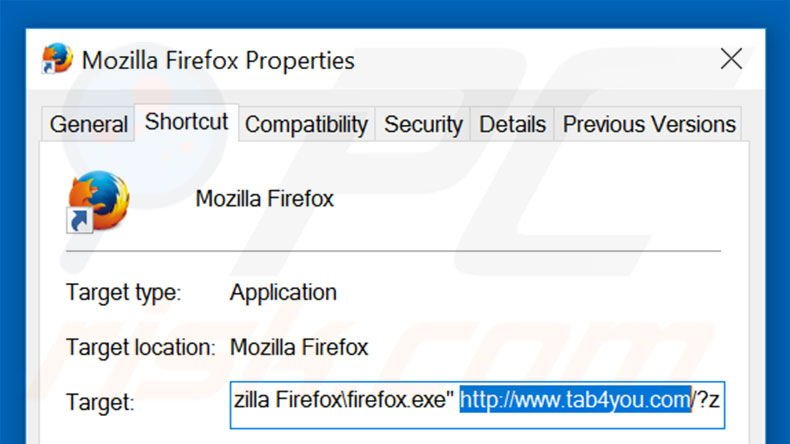 Eliminar tab4you.com del destino del acceso directo de Mozilla Firefox paso 2