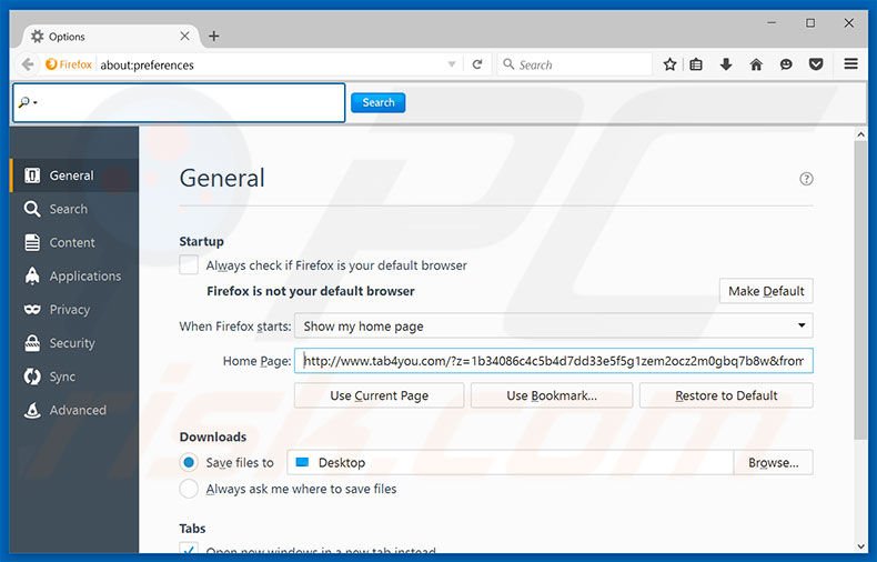 Eliminando tab4you.com de la página de inicio de Mozilla Firefox