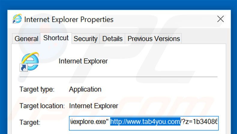 Eliminar tab4you.com del destino del acceso directo de Internet Explorer paso 2