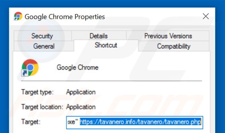 Eliminar tavanero.info del destino del acceso directo de Google Chrome paso 2
