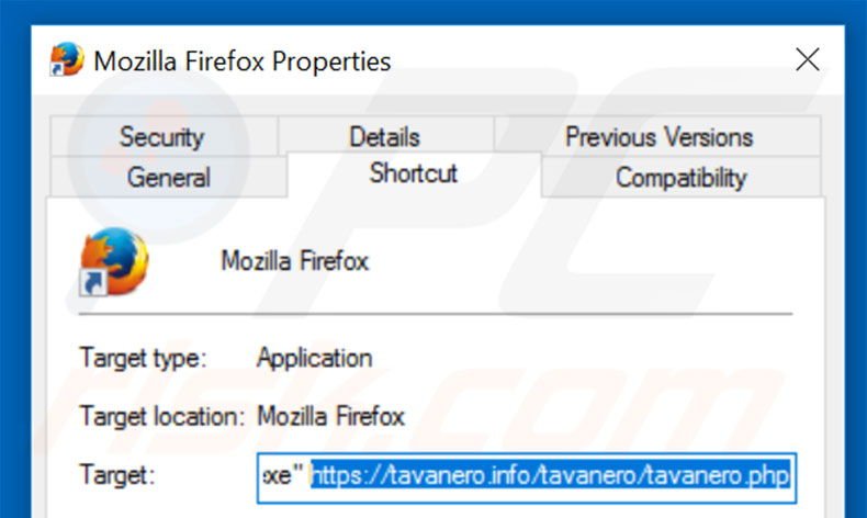 Eliminar tavanero.info del destino del acceso directo de Mozilla Firefox paso 2