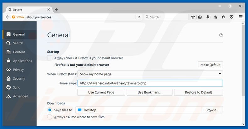 Eliminando tavanero.info de la página de inicio de Mozilla Firefox