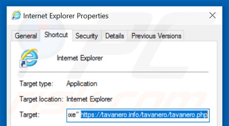 Eliminar tavanero.info del destino del acceso directo de Internet Explorer paso 2