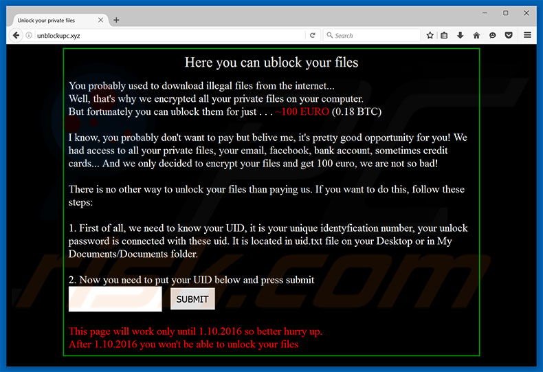 Sitio web del virus criptográfico Unblockupc