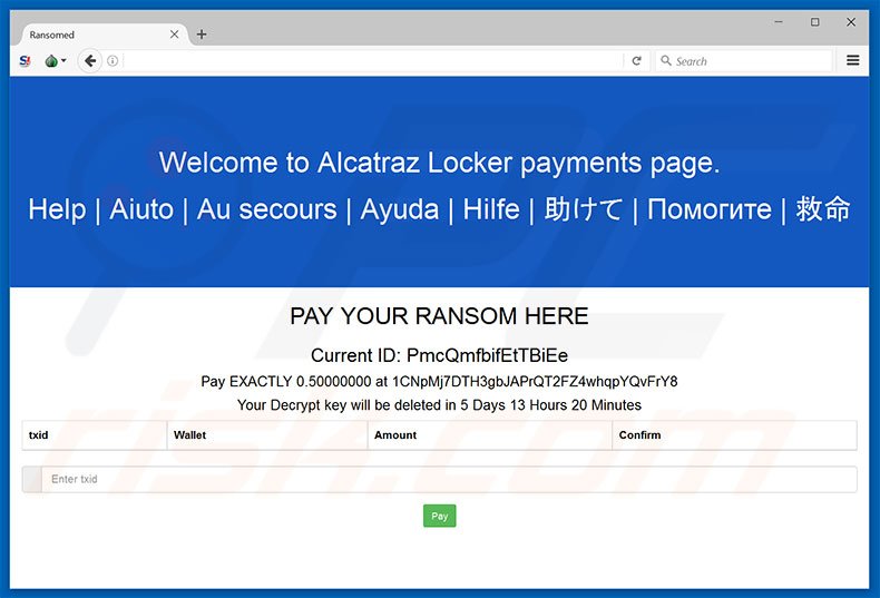 sitio web del ransomware Alcatraz Locker