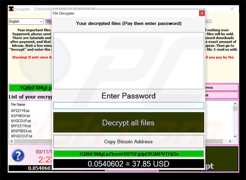 Sitio web del virus criptográfico EncrypTile