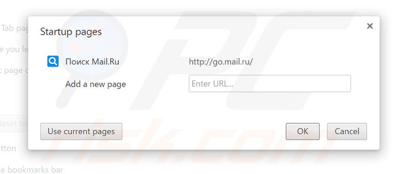 Eliminando go.mail.ru de la página de inicio de Google Chrome