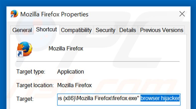 Eliminar go.mail.ru del destino del acceso directo de Mozilla Firefox paso 2