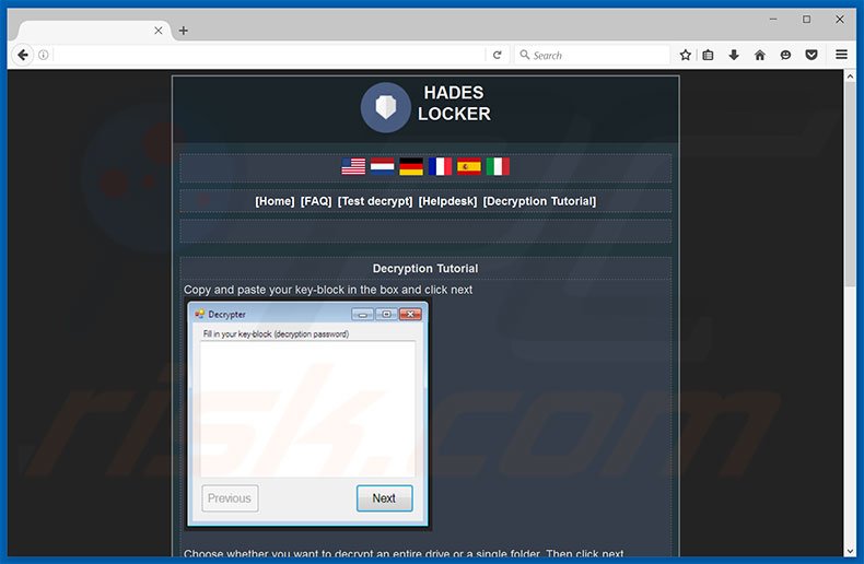 página con instrucciones de desencriptación en el sitio web del virus Hades Locker