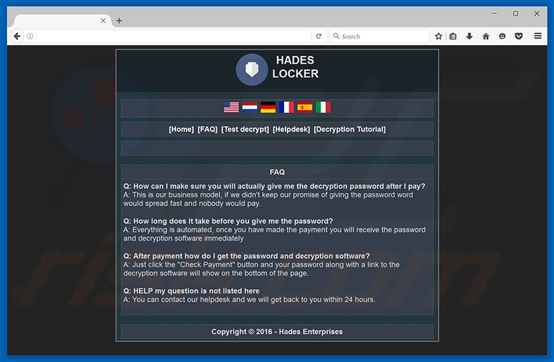 página de preguntas frecuentes del sitio web del virus Hades Locker