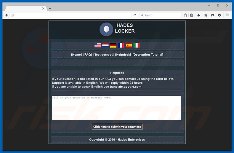 página de ayuda del sitio web del virus Hades Locker