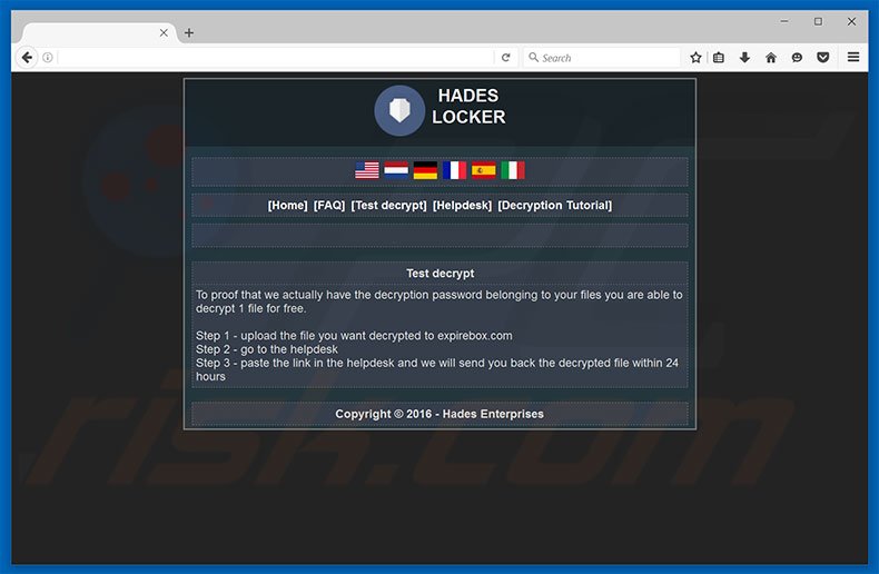 página de desencriptación de prueba del sitio web del virus Hades Locker