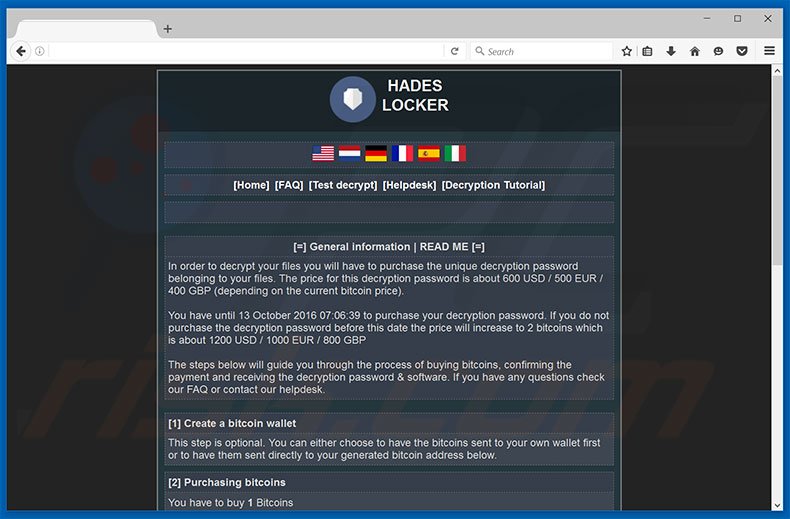página de inicio del sitio web del virus Hades Locker