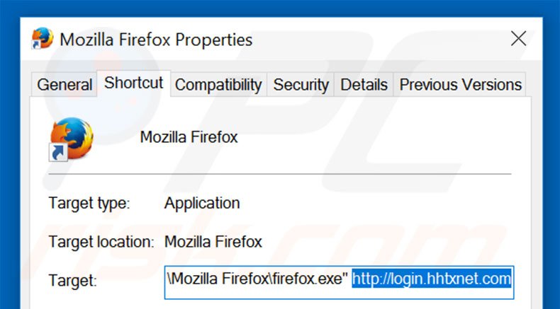 Eliminar login.hhtxnet.com del destino del acceso directo de Mozilla Firefox paso 2