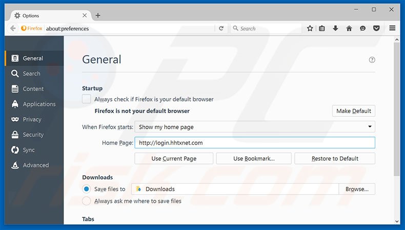 Eliminando login.hhtxnet.com de la página de inicio de Mozilla Firefox